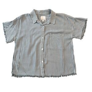 Industry Women Green White Striped Frayed Hem Short Sleeve Button Down Shirt M